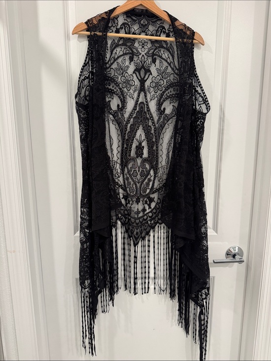None Tops - Black Lace Fringe Tank Top Vest